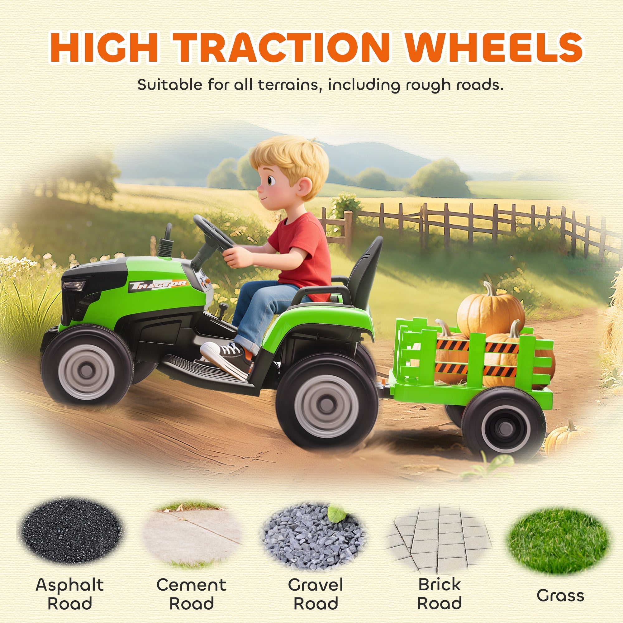 Green and black aiyaplay 12v ride on tractor with remote control and detachable trailer towing pumpkins with big wheel diameter