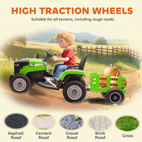 Green and black aiyaplay 12v ride on tractor with remote control and detachable trailer towing pumpkins with big wheel diameter