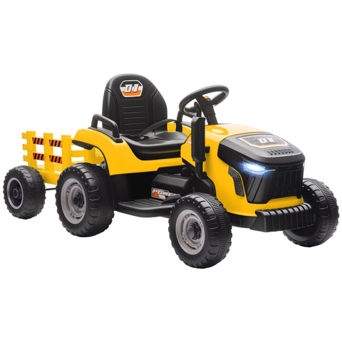 Yellow and black aiyaplay 12v ride on tractor with remote control detachable trailer and rugged wheel diameter tires
