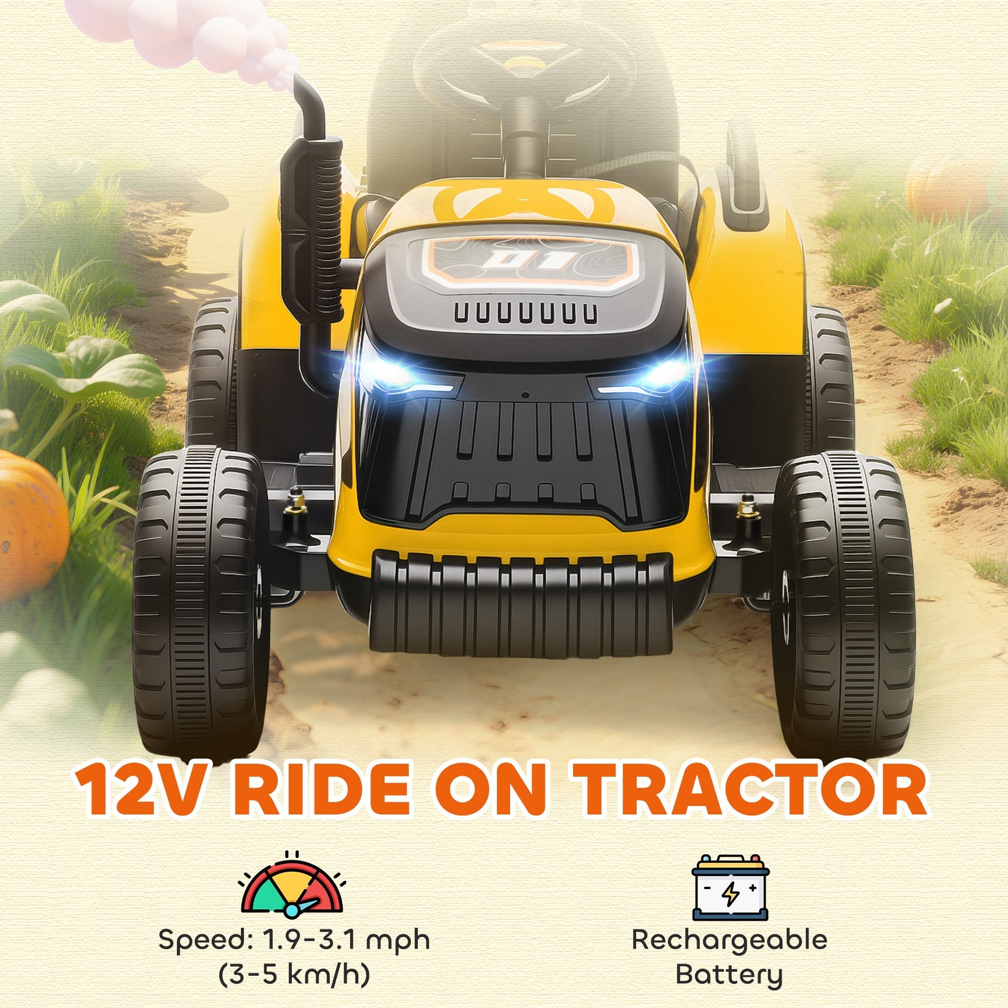 Yellow and black aiyaplay 12v ride on tractor with illuminated headlights, remote control, and detachable trailer for kids