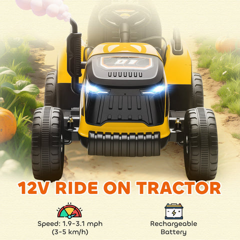 Yellow and black aiyaplay 12v ride on tractor with illuminated headlights, remote control, and detachable trailer for kids