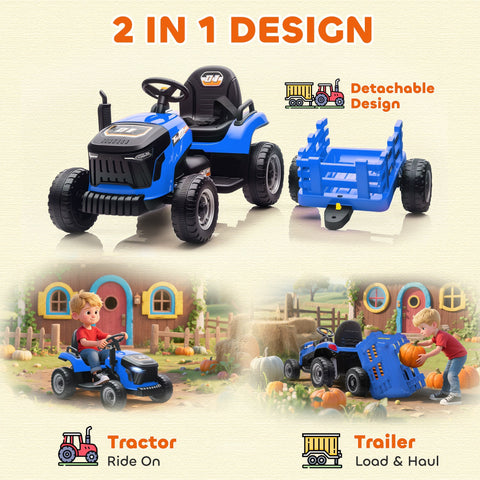 Blue and black AIYAPLAY 12V ride-on tractor with remote control and detachable trailer for kids 3-8 years