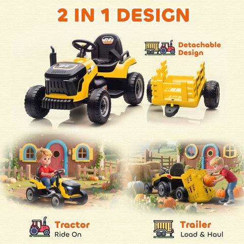 Yellow and black aiyaplay 12v ride on tractor with remote control and detachable trailer for kids 3 to 8 years
