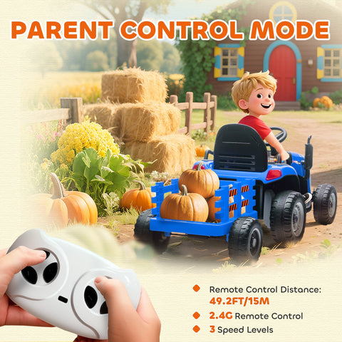 Blue aiyaplay 12v ride on tractor with remote control and detachable trailer loaded with pumpkins for kids ages 3-8