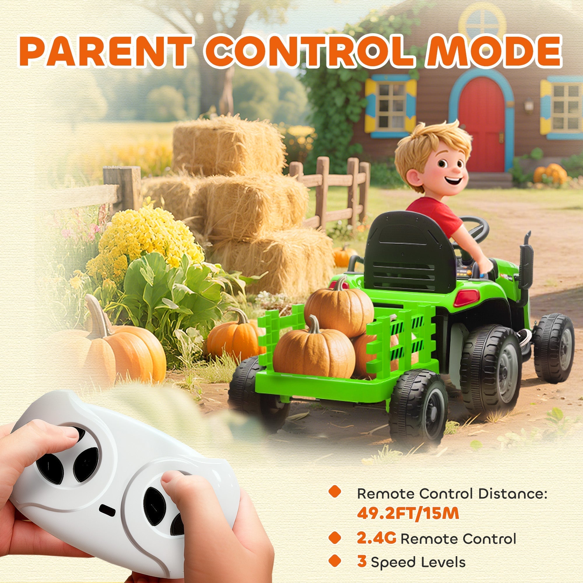 Green AIYAPLAY 12V ride on tractor toy with remote control, black wheels, wheel diameter, and detachable trailer carrying pumpkins