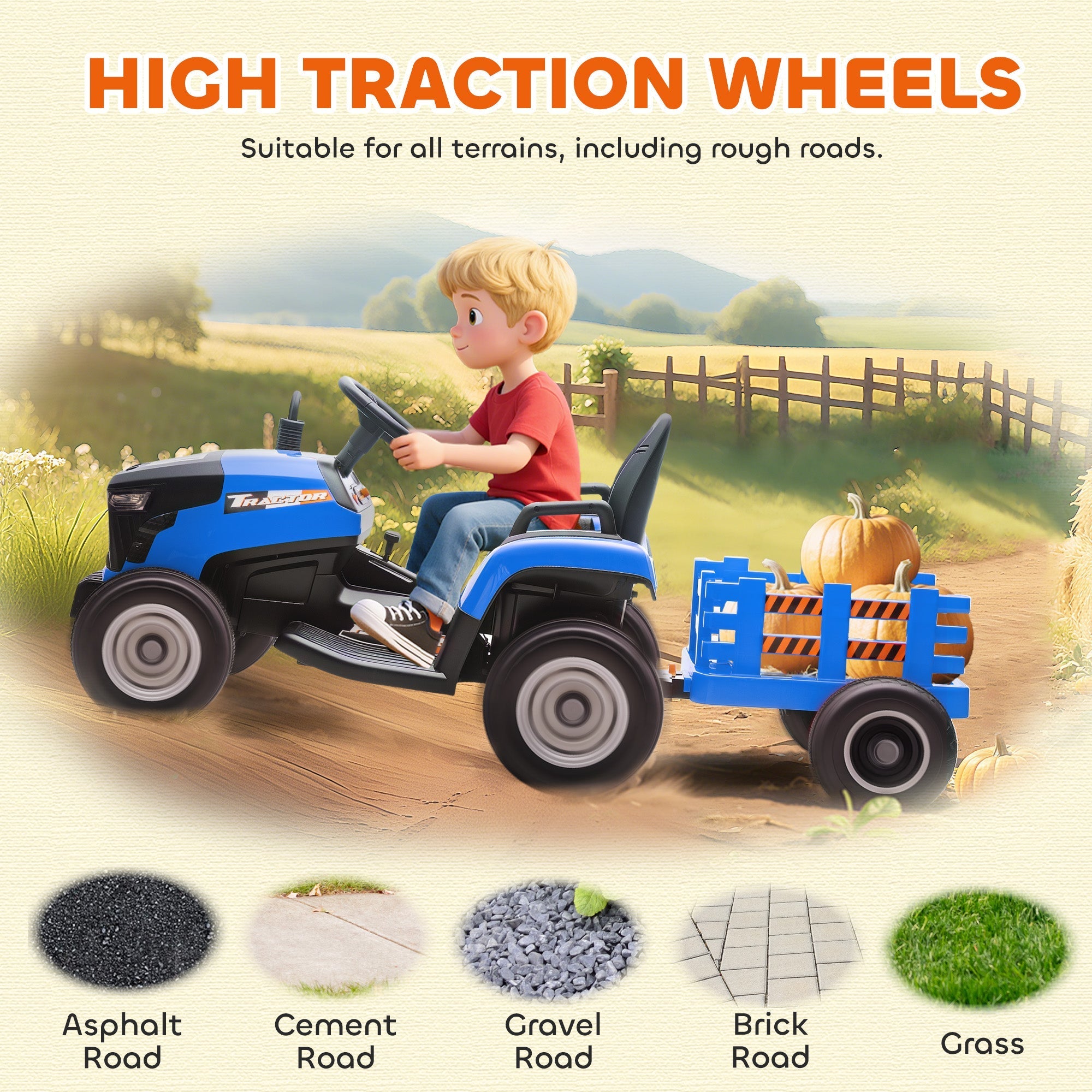 Blue and black AIYAPLAY 12V ride on tractor with remote control, high traction wheel diameter, and detachable trailer for kids