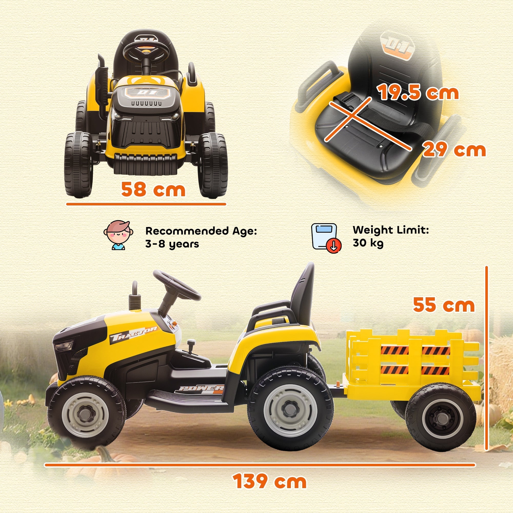 Yellow and black AIYAPLAY 12V ride on tractor with remote control and detachable trailer made of durable plastic for kids