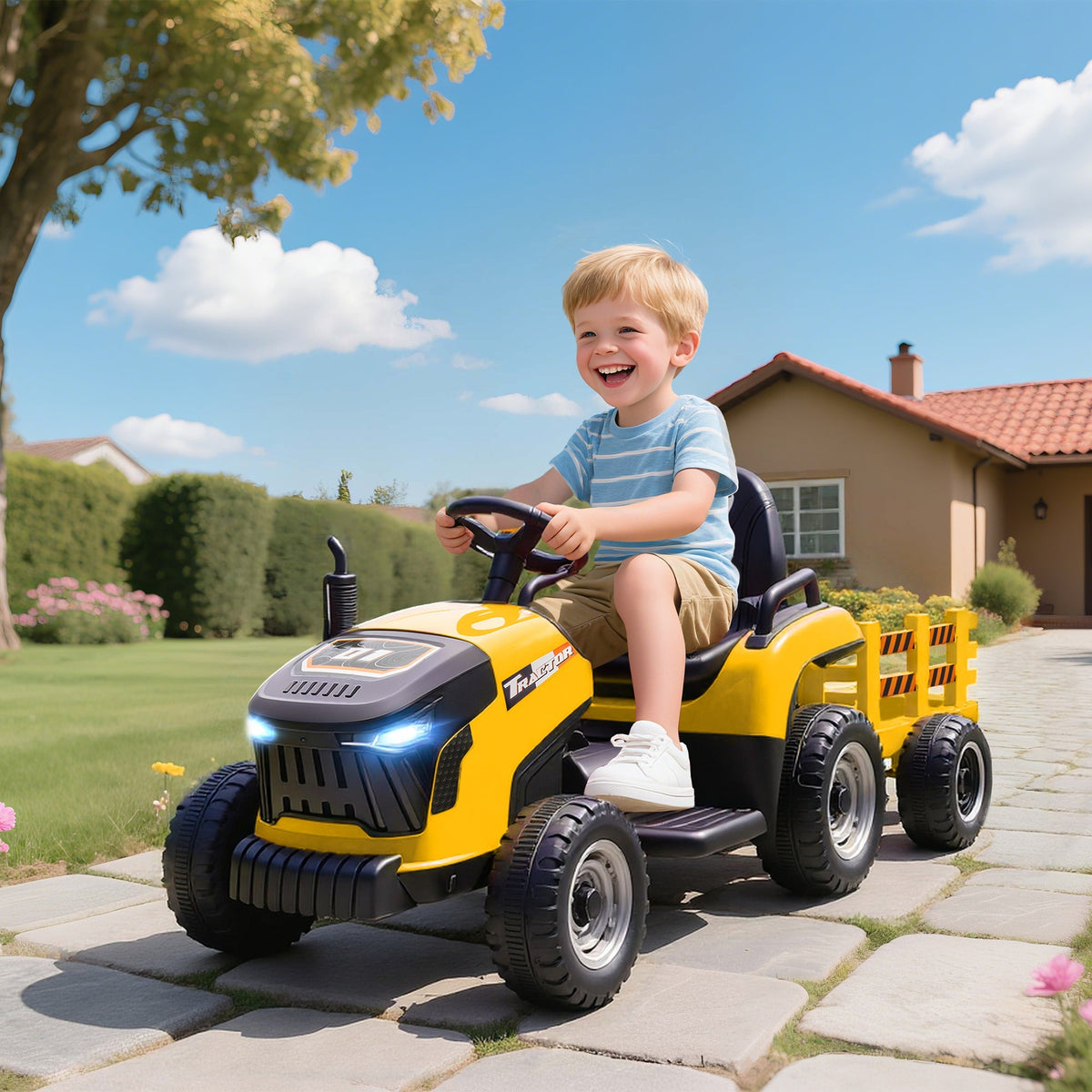 Aiyaplay yellow and black electric tractor toy with remote control, detachable trailer, bright headlights, and rubber tires