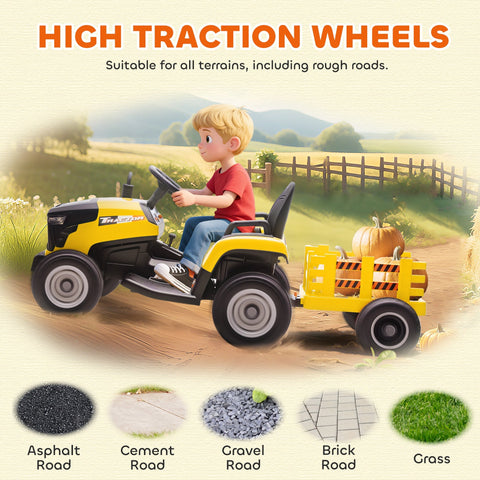 Yellow and black AIYAPLAY 12V ride on tractor with remote control and detachable trailer carrying pumpkins with high wheel diameter