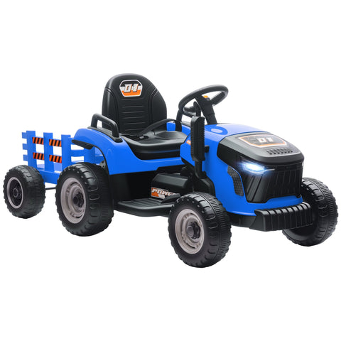 Blue and black AIYAPLAY 12v ride on tractor with remote control, detachable trailer, illuminated headlights, and power logo