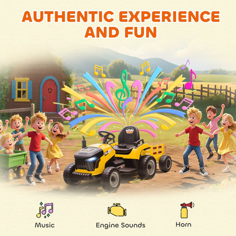 Yellow and black AIYAPLAY 12V ride on tractor with remote control, detachable trailer, bright lights, and music for kids