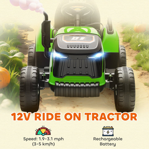 Green and black aiyaplay 12v ride on tractor with remote control, illuminated headlights, and detachable trailer for kids
