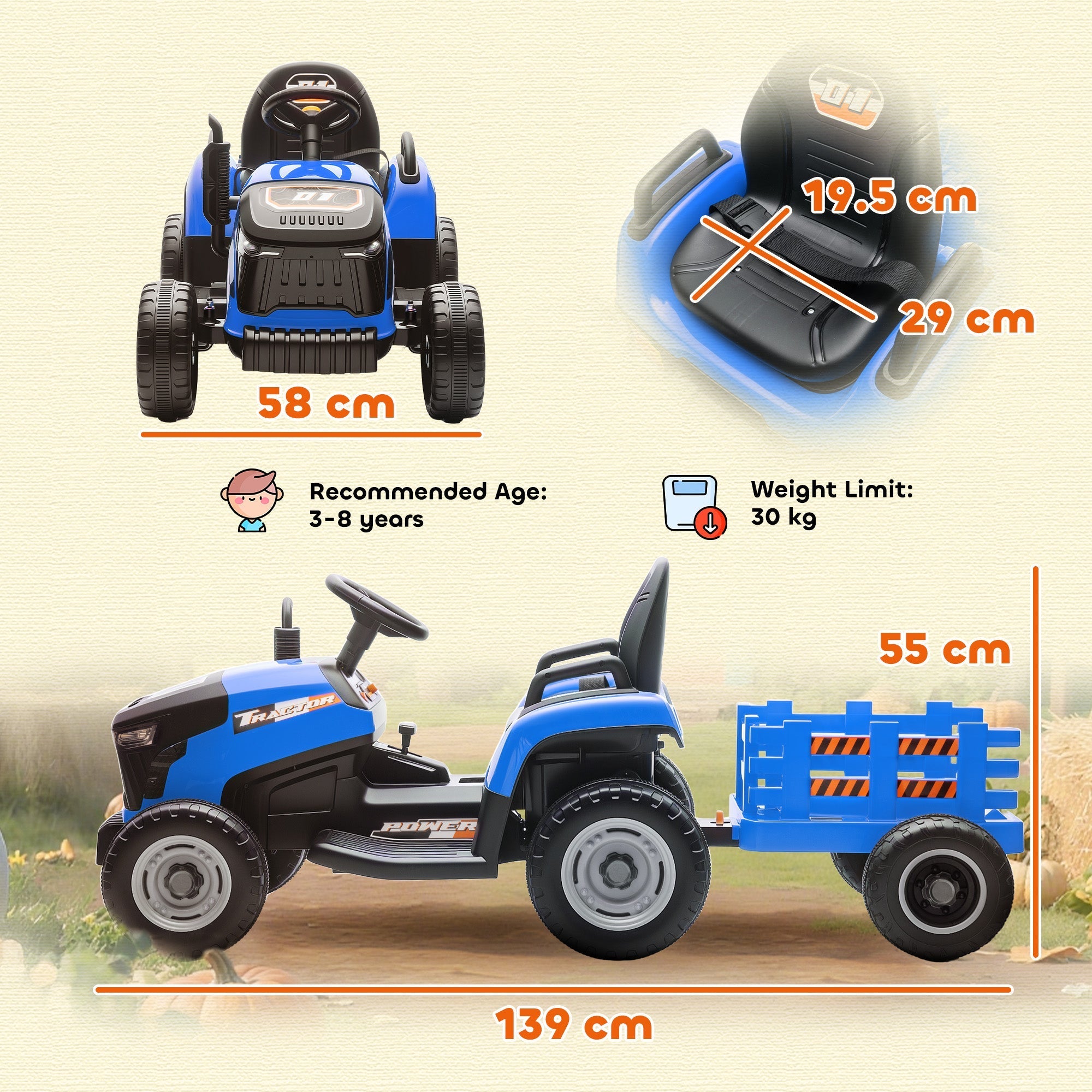 Blue and black AIYAPLAY 12V ride on tractor with remote control, detachable trailer, rubber tires, and plastic bodywork for kids