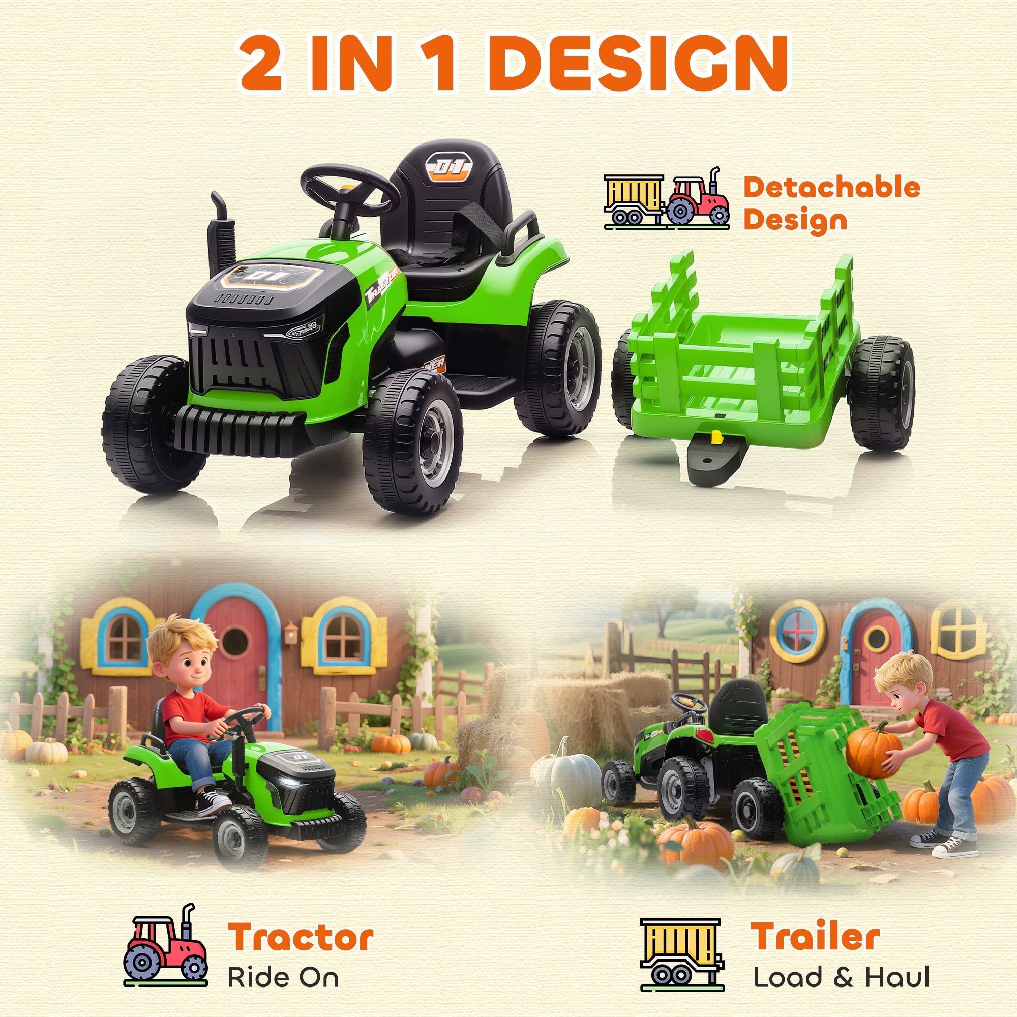 Green and black AIYAPLAY 12V ride on tractor for kids with remote control and detachable trailer and large wheel diameter