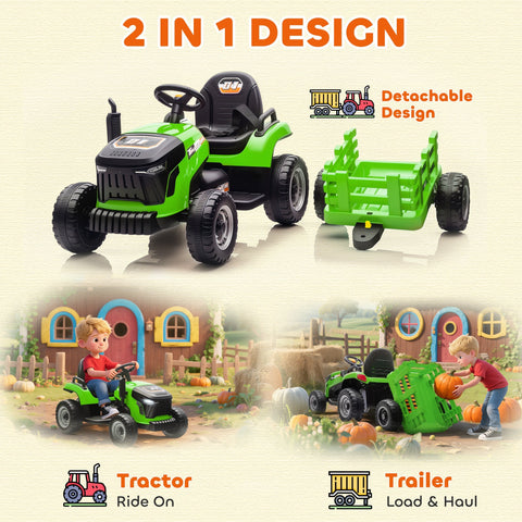 Green and black AIYAPLAY 12V ride on tractor for kids with remote control and detachable trailer and large wheel diameter
