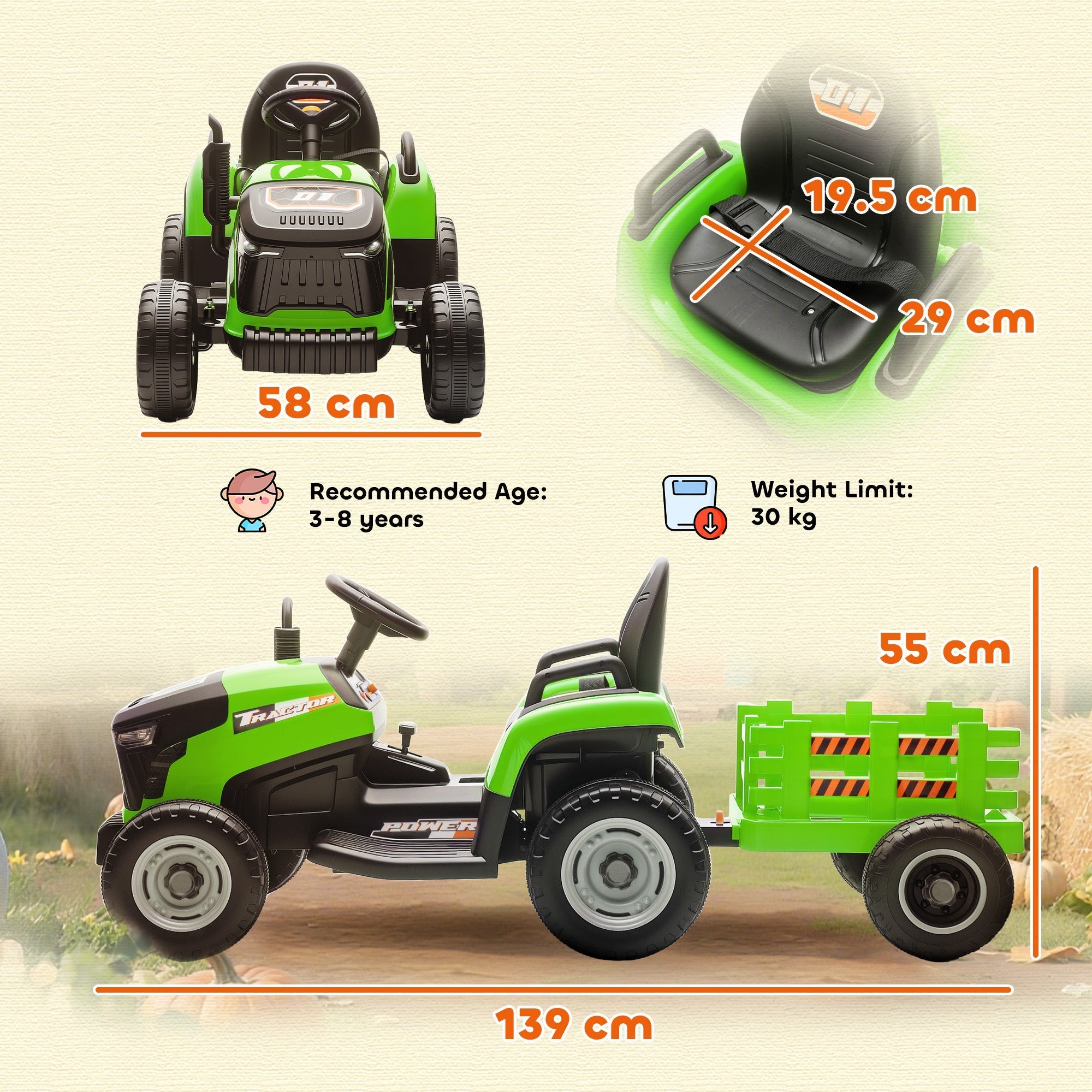 Green and black AIYAPLAY 12V ride on tractor with remote control and detachable trailer featuring rubber tires and plastic build