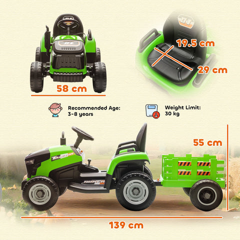 Green and black AIYAPLAY 12V ride on tractor with remote control and detachable trailer featuring rubber tires and plastic build