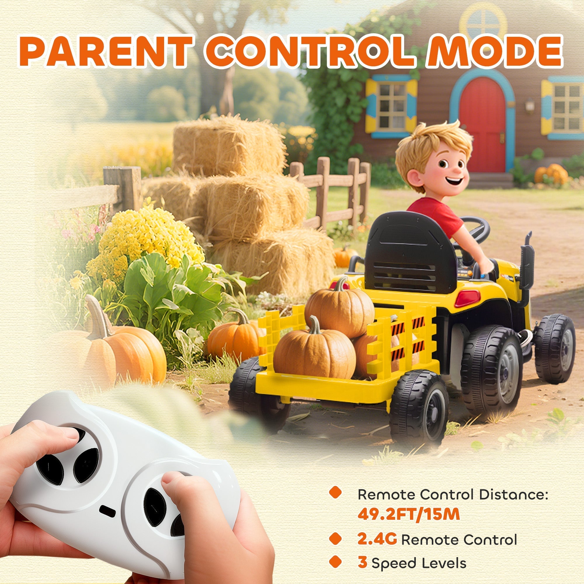Yellow aiyaplay 12v ride on remote control tractor with black wheels and detachable trailer carrying pumpkins for kids
