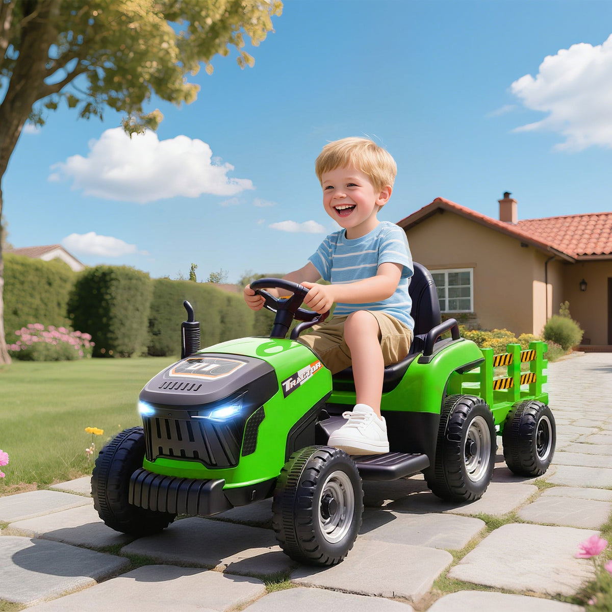 Bright green and black AIYAPLAY 12V ride on tractor with remote control, detachable trailer, and rugged tires for kids