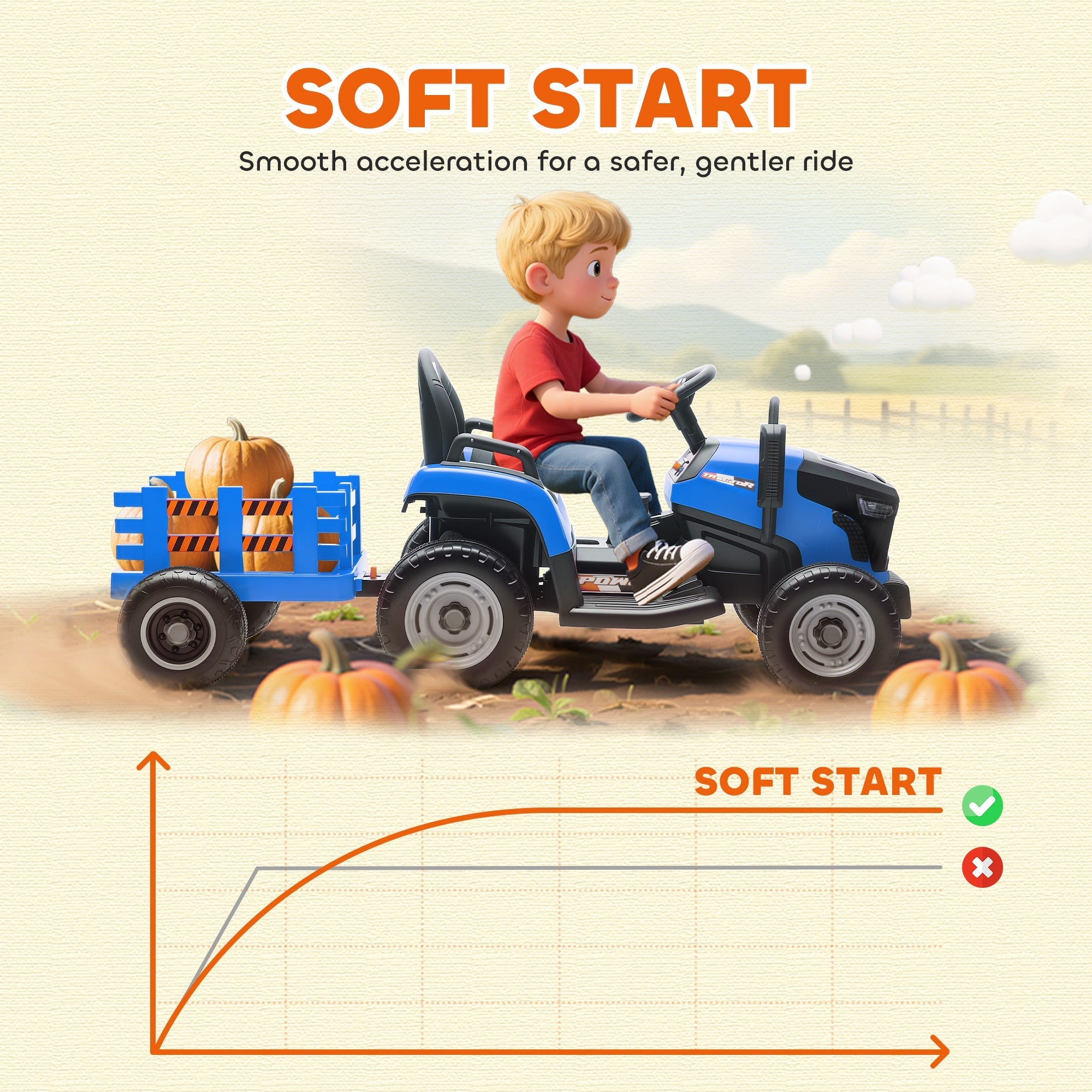Blue and black AIYAPLAY 12V ride on tractor with remote control and detachable trailer carrying pumpkins for kids