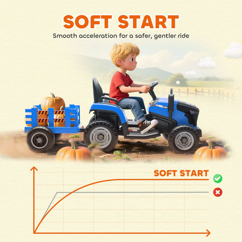 Blue and black AIYAPLAY 12V ride on tractor with remote control and detachable trailer carrying pumpkins for kids