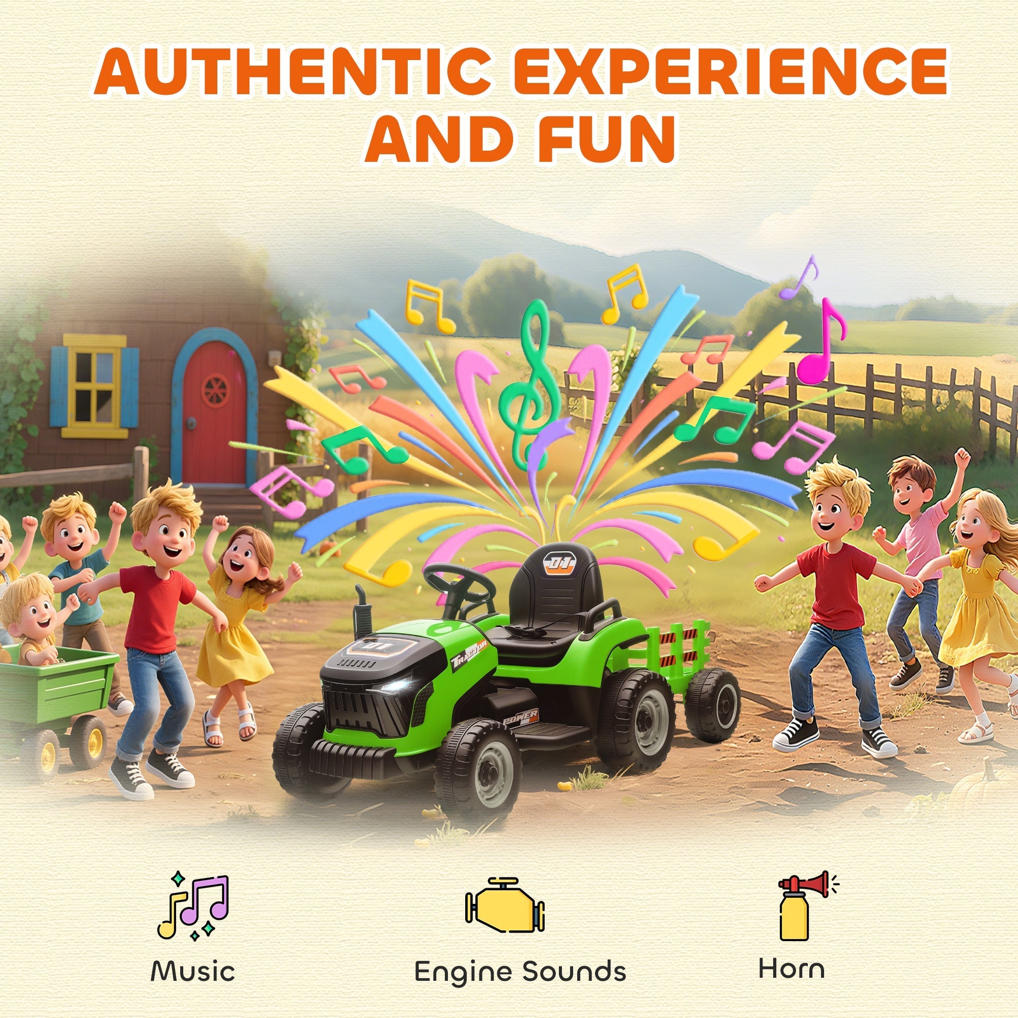 Green and black AIYAPLAY 12V ride on tractor with remote control music and detachable trailer for kids ages 3-8