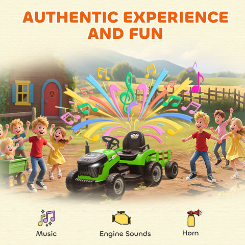Green and black AIYAPLAY 12V ride on tractor with remote control music and detachable trailer for kids ages 3-8
