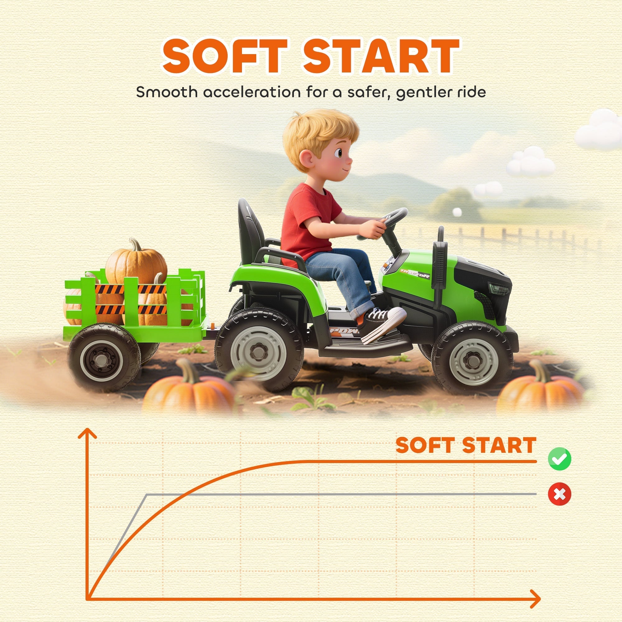 Green and black AIYAPLAY 12V ride on tractor with remote control and detachable trailer carrying pumpkins for kids 3-8 years