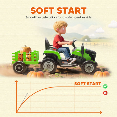 Green and black AIYAPLAY 12V ride on tractor with remote control and detachable trailer carrying pumpkins for kids 3-8 years