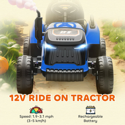Blue and black aiyaplay 12v ride on tractor with remote control, illuminated headlights, rechargeable battery, and detachable trailer