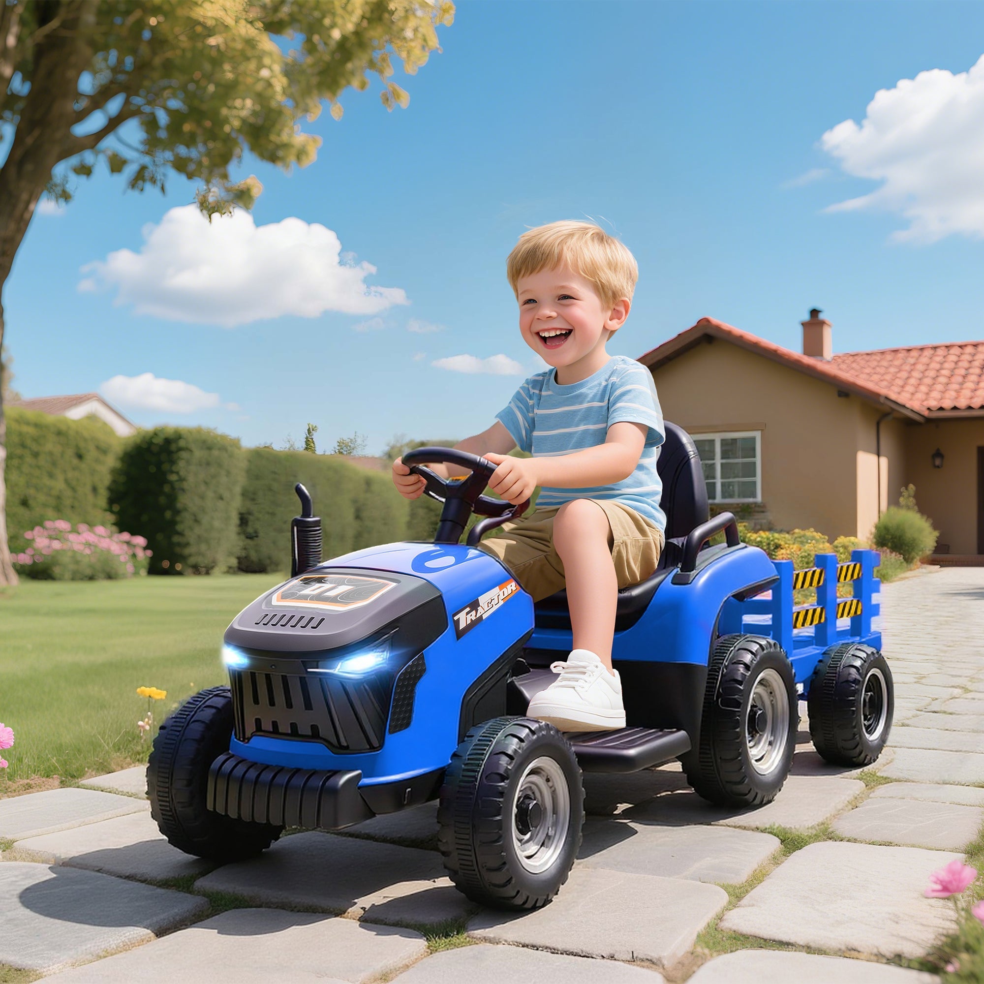 Blue and black aiyaplay 12v ride on tractor with remote control, detachable trailer, illuminated headlights, safety markings