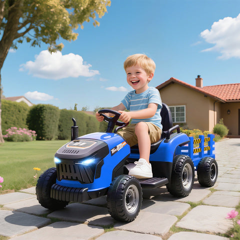 Blue and black aiyaplay 12v ride on tractor with remote control, detachable trailer, illuminated headlights, safety markings