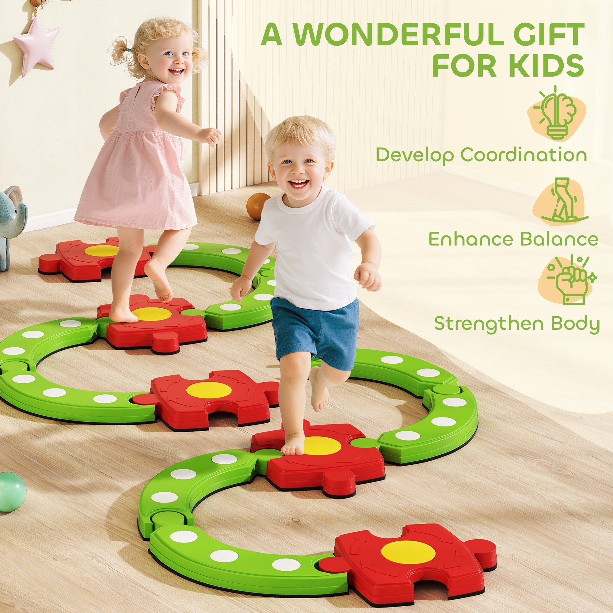 Red and green flower-shaped plastic kids balance beam stepping stones with yellow centers non-slip surface for toddlers