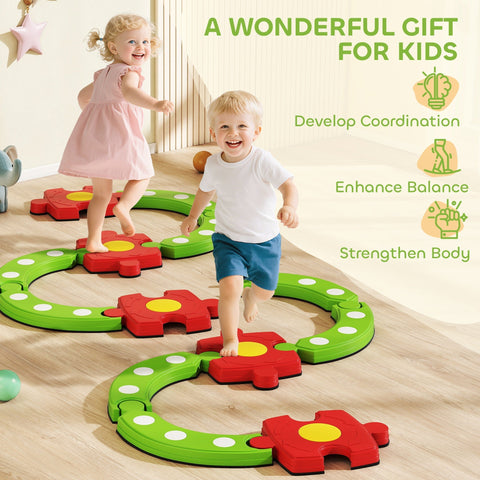 Red and green flower-shaped plastic kids balance beam stepping stones with yellow centers non-slip surface for toddlers