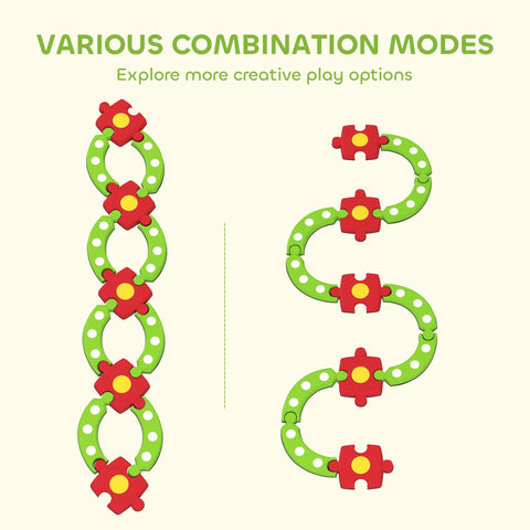 Green and red puzzle-piece chain with white polka dots on aiyaplay kids balance beam for indoor outdoor use