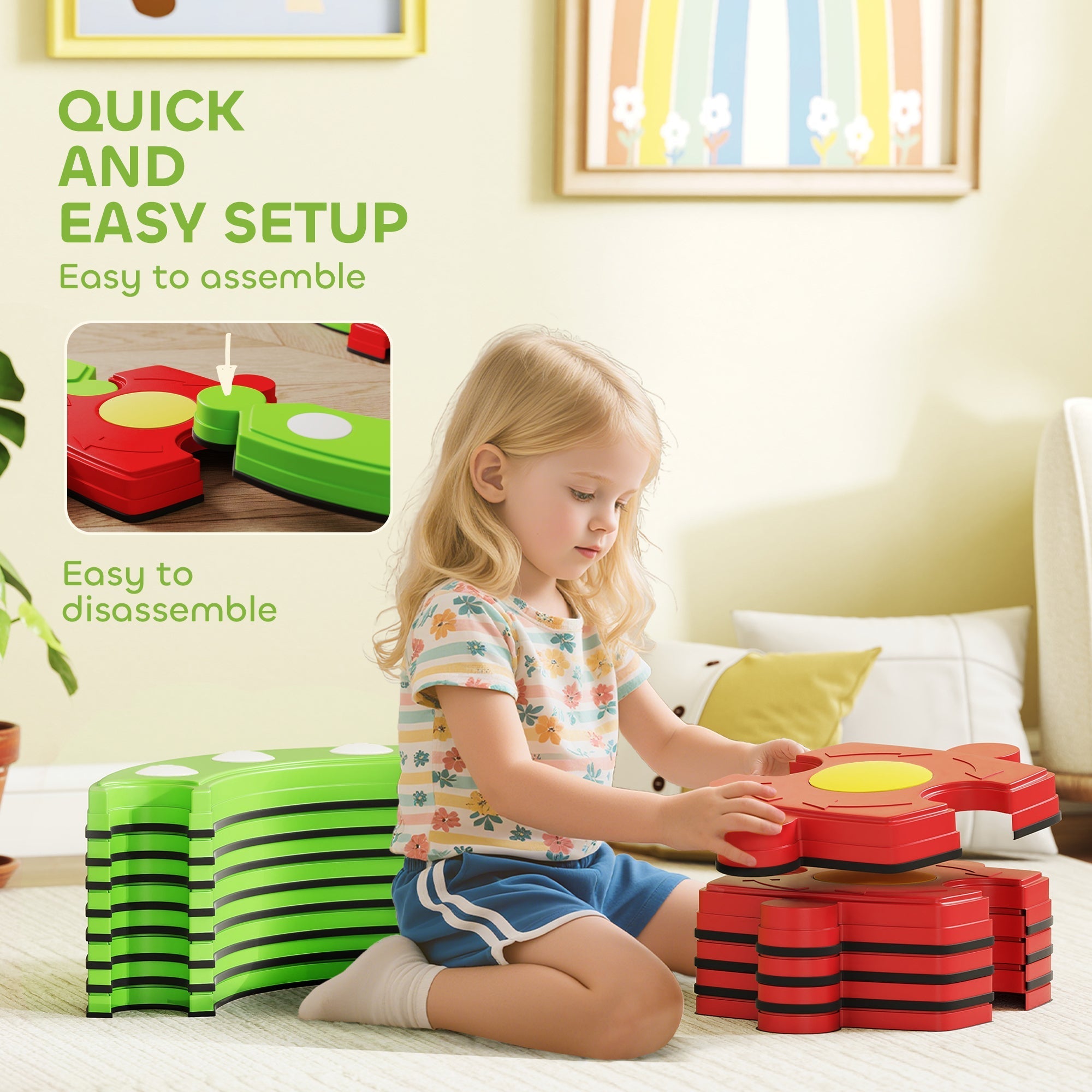 Aiyaplay 13 pcs kids balance beam set with red and green flower-shaped non-slip stepping stones for indoor outdoor use