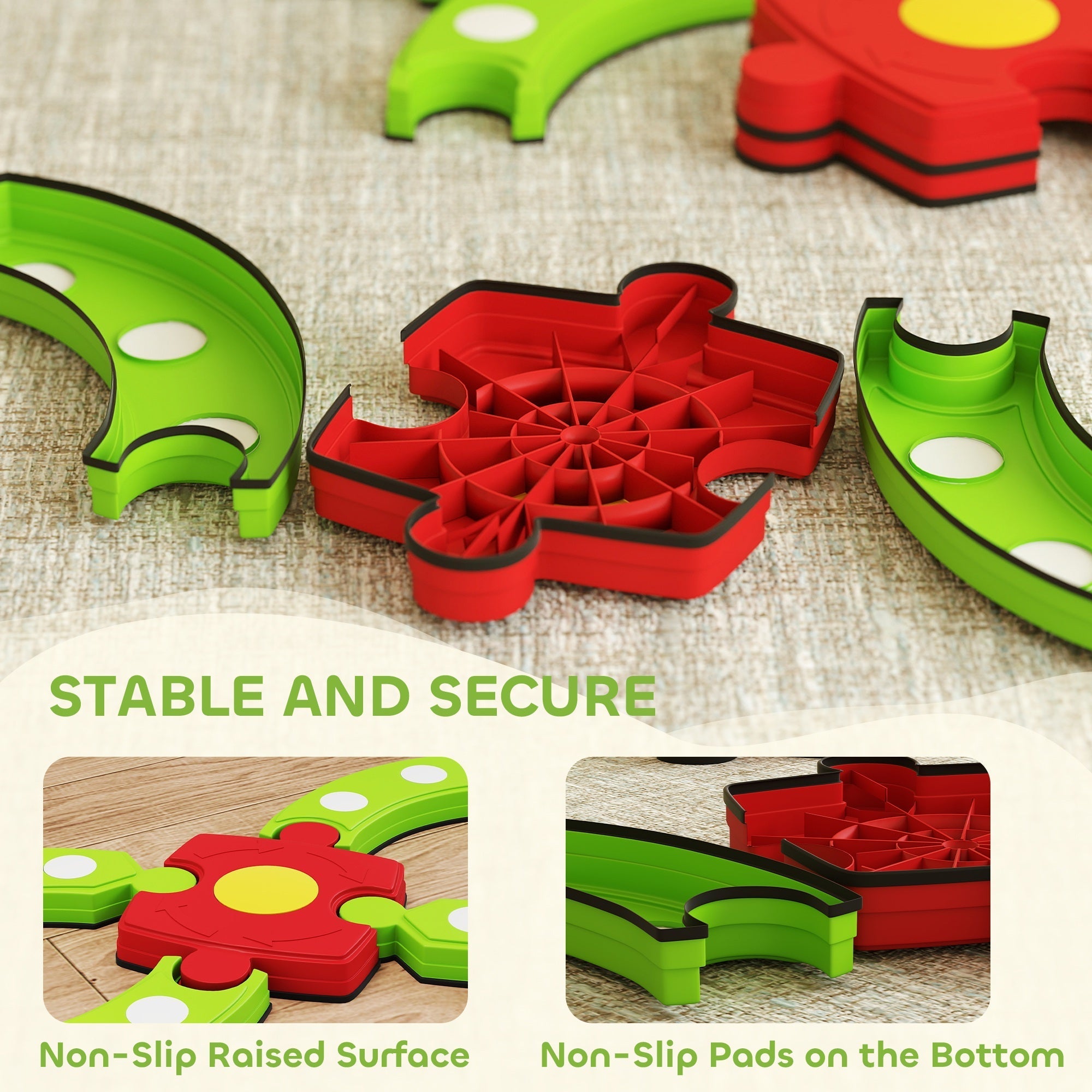 Red and green silicone puzzle-shaped kids balance beam pieces with non-slip white accents for indoor outdoor use