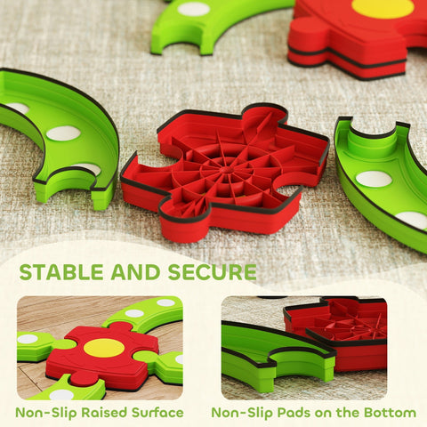 Red and green silicone puzzle-shaped kids balance beam pieces with non-slip white accents for indoor outdoor use