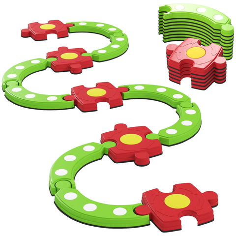 Bright red and lime green plastic aiayplay kids balance beam pieces with yellow centers for indoor outdoor toddler use