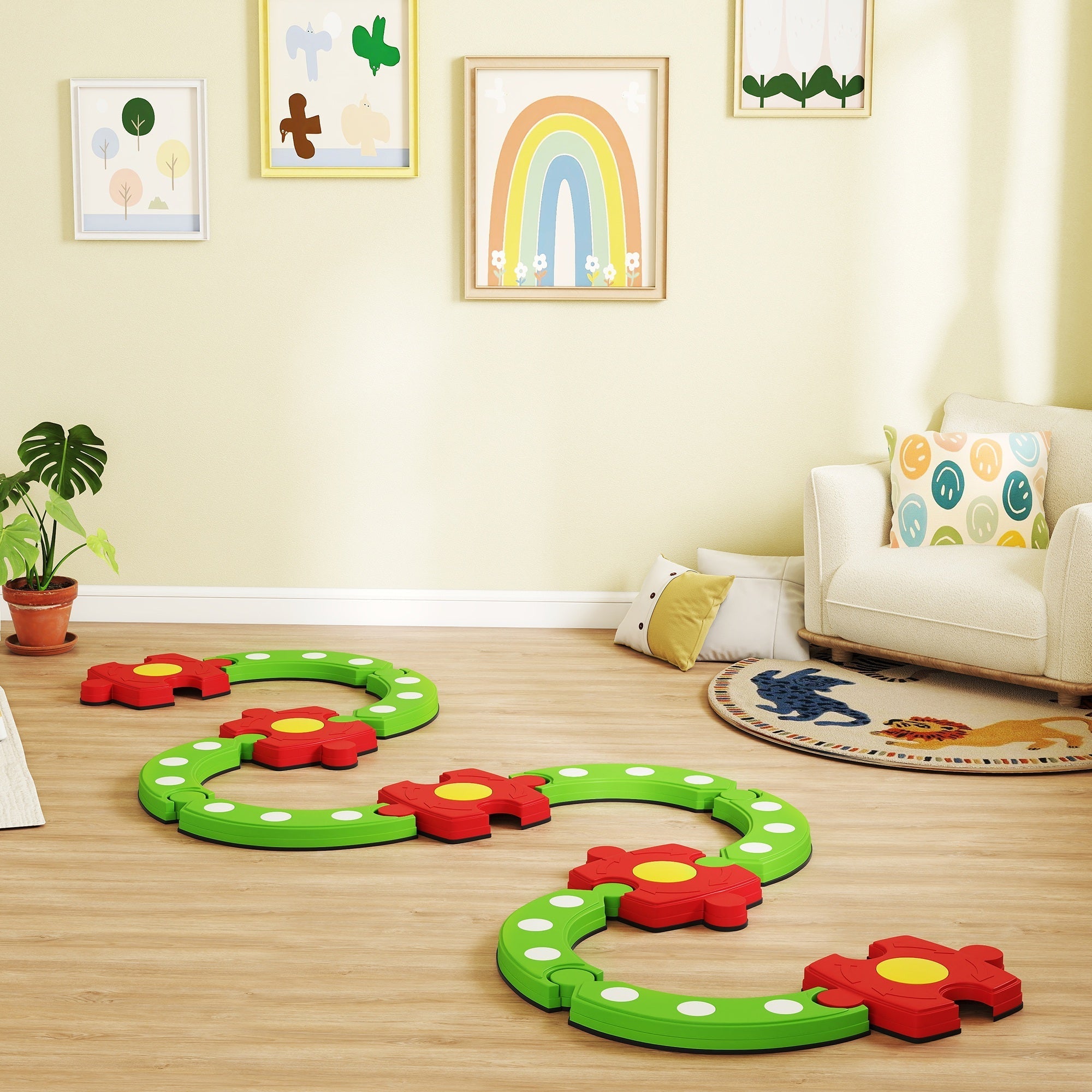 Aiyaplay 13 pcs kids balance beam stepping stones set in green with foam flower shapes and non-slip surface for toddlers
