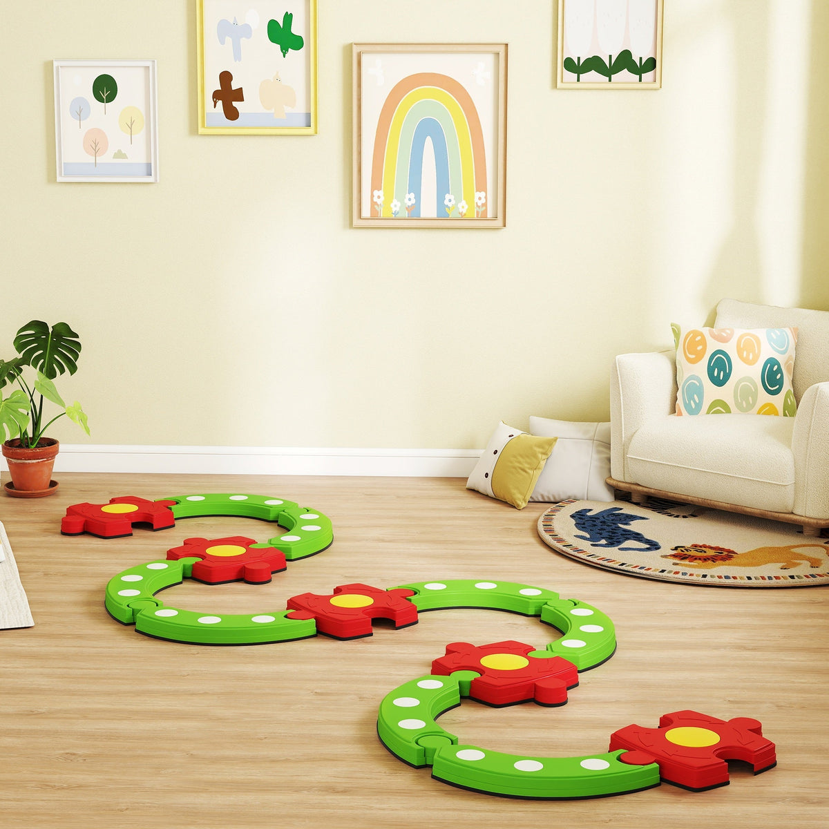 Aiyaplay 13 pcs kids balance beam stepping stones set in green with foam flower shapes and non-slip surface for toddlers