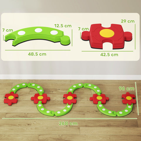 Green and red aiya play kids balance beam with non-slip polka dot and flower pieces for indoor outdoor fun