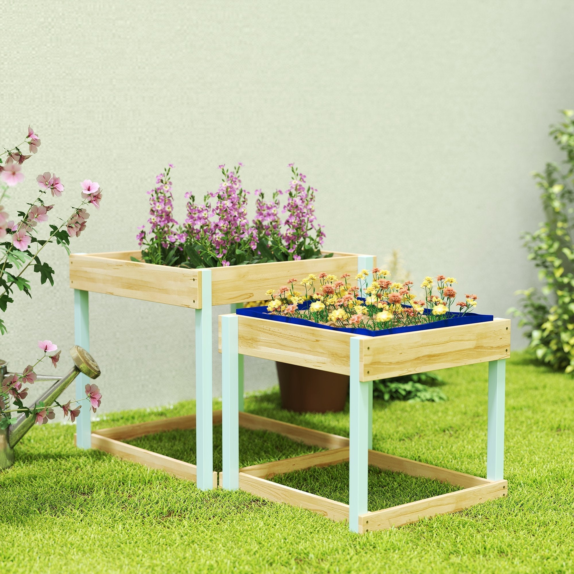 Two-tiered wooden garden planter with natural fir wood frame and light blue legs featuring purple and yellow flowers