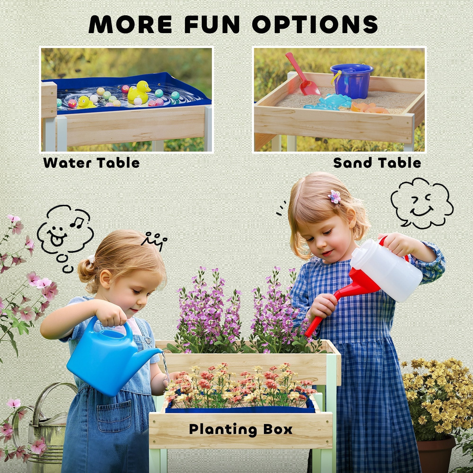 Blue plastic watering can with natural wood finish in AIYAPLAY fir wood outdoor sand and water play tables for kids