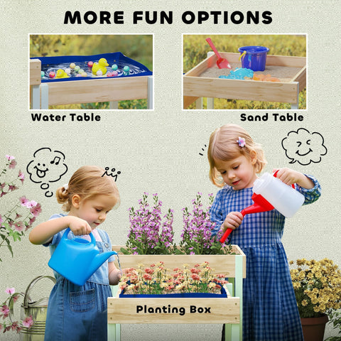 Blue plastic watering can with natural wood finish in AIYAPLAY fir wood outdoor sand and water play tables for kids