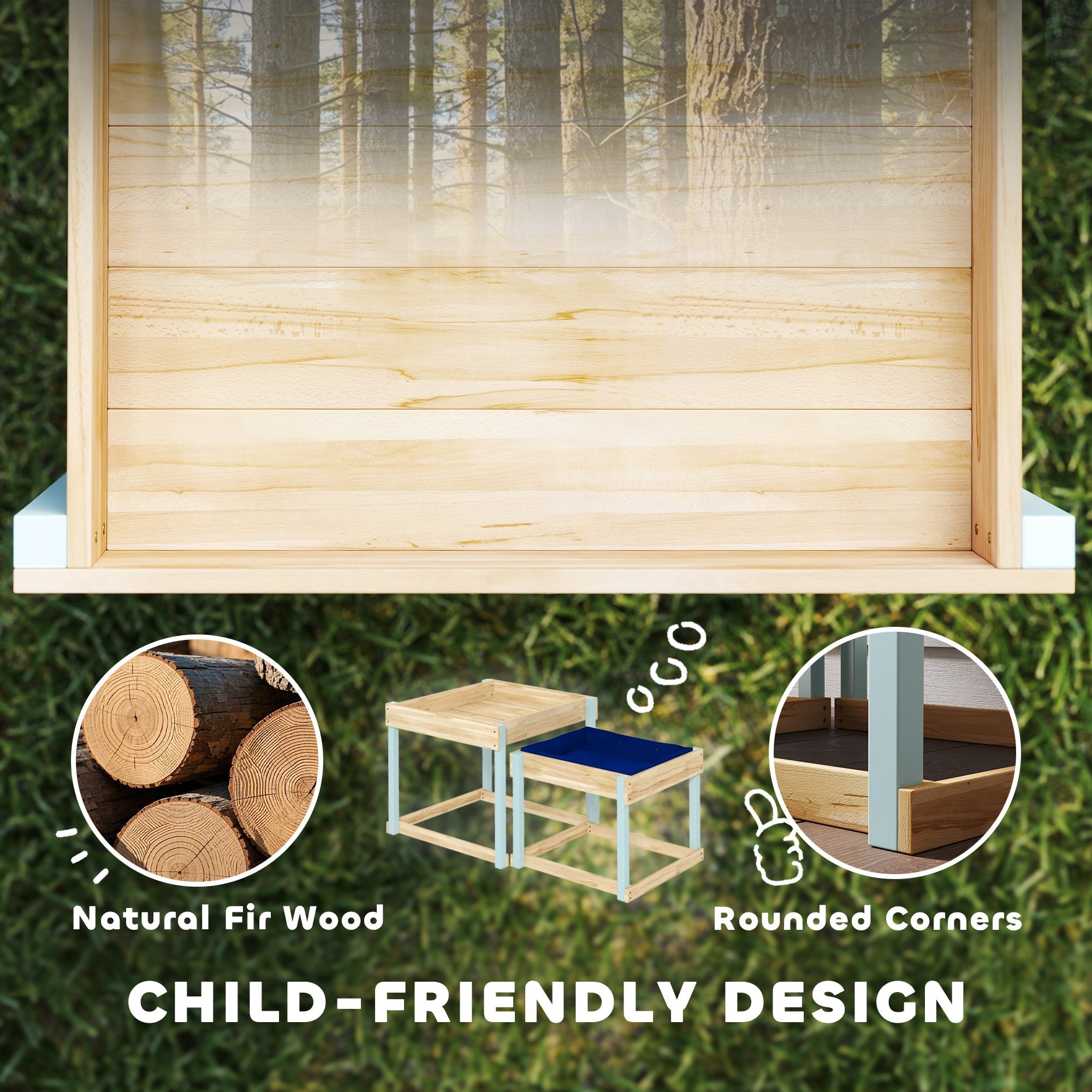 Light-colored natural fir wood playhouse with rounded corners in natural wood finish for kids aged 3-8 years