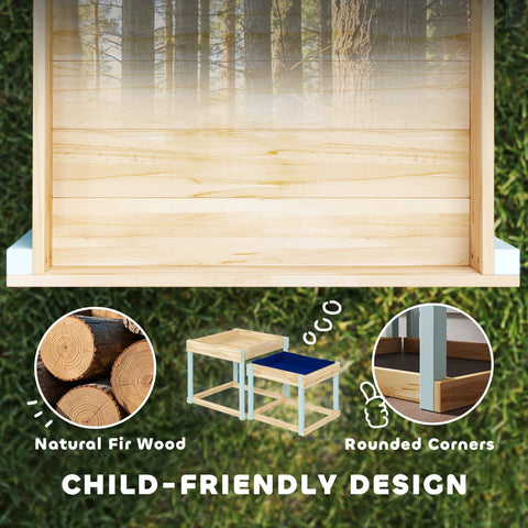 Light-colored natural fir wood playhouse with rounded corners in natural wood finish for kids aged 3-8 years