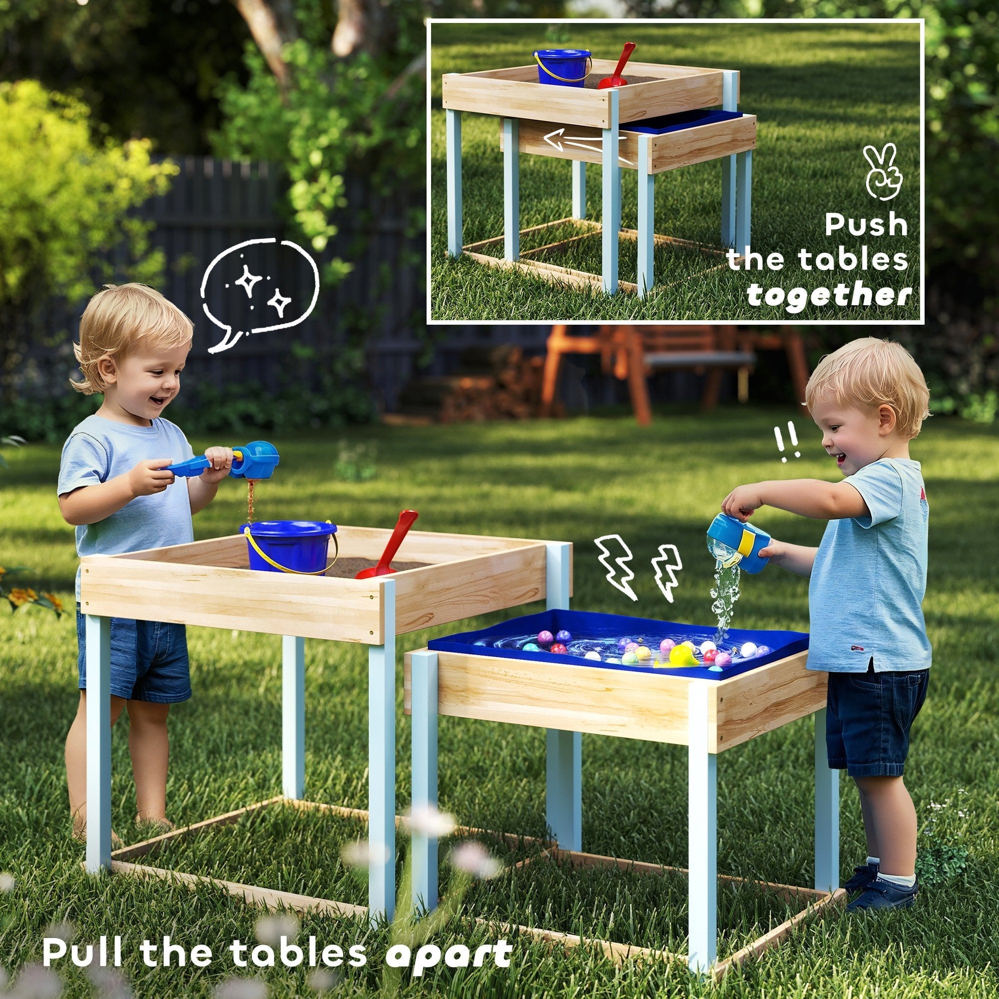 Aiyaplay 2 pcs wooden outdoor sand and water play tables in natural fir wood finish with light blue metal frames