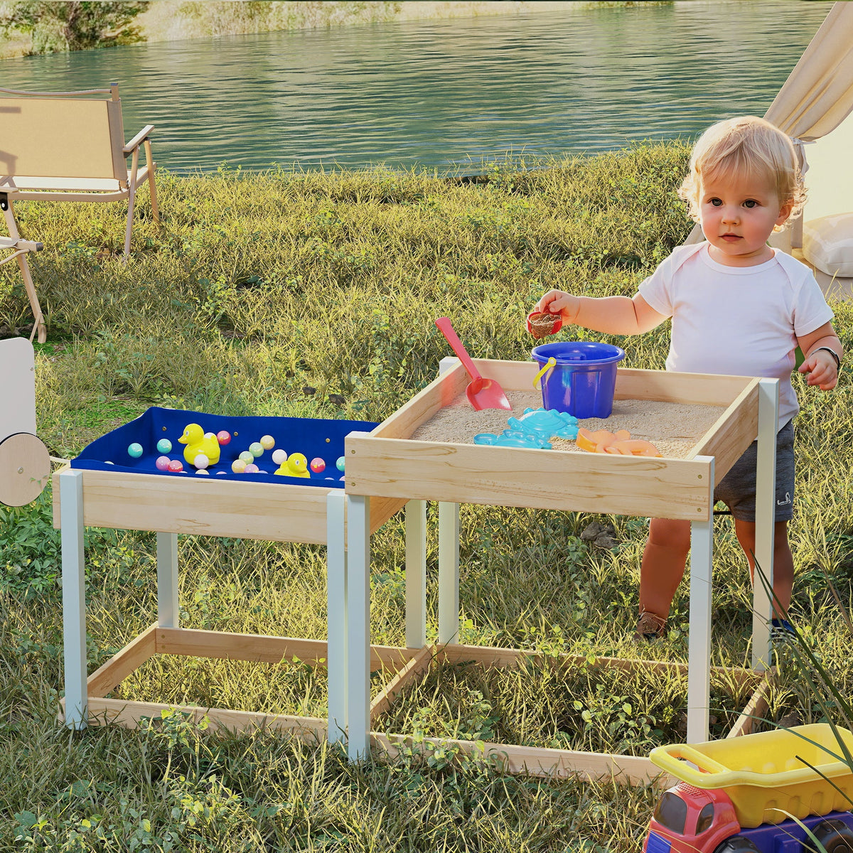 Wooden sandbox with blue plastic tray and colorful toys made of natural fir wood with natural wood finish for kids outdoors