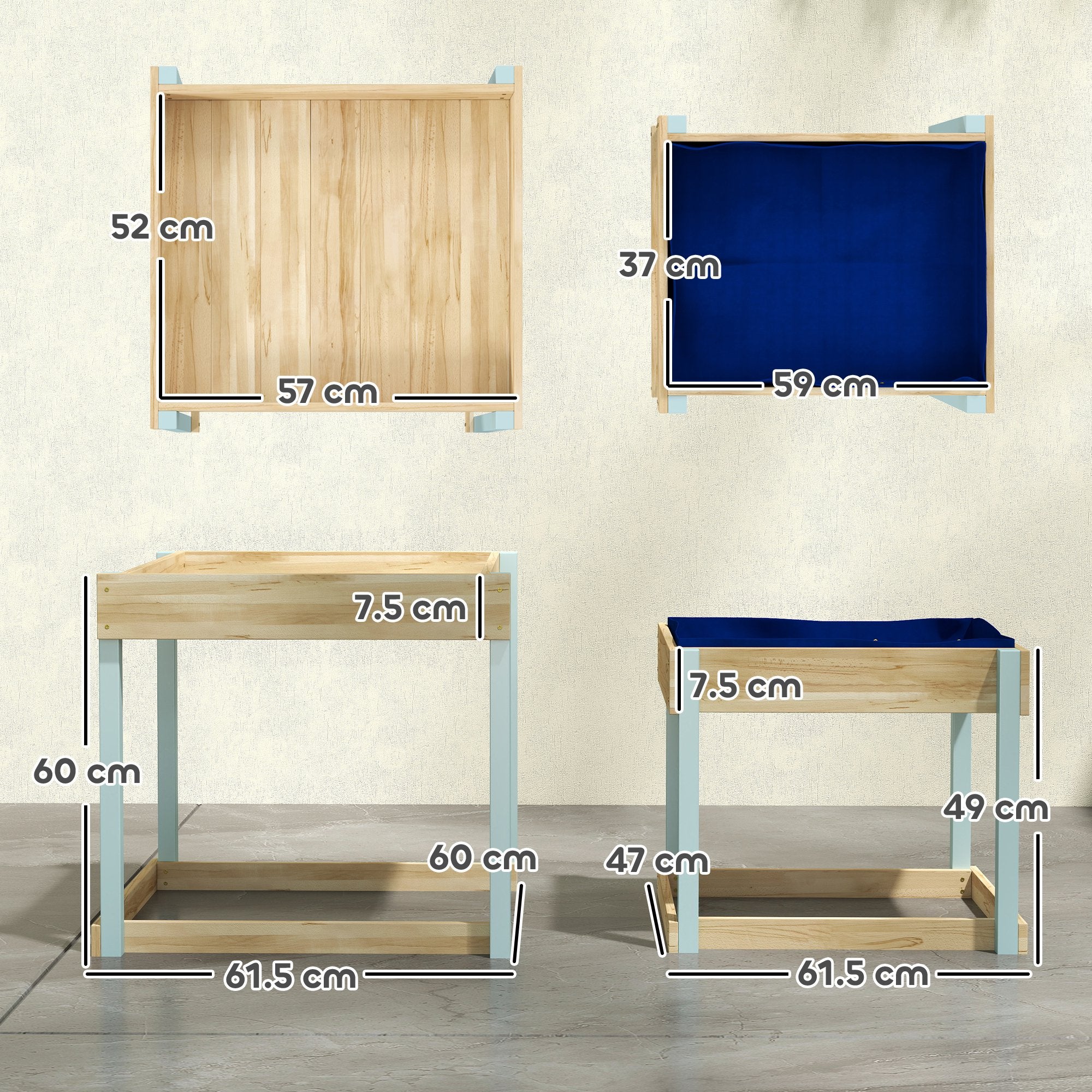 Aiyaplay 2 pcs wooden outdoor sand and water play tables with natural fir wood frame blue fabric inserts and metal legs
